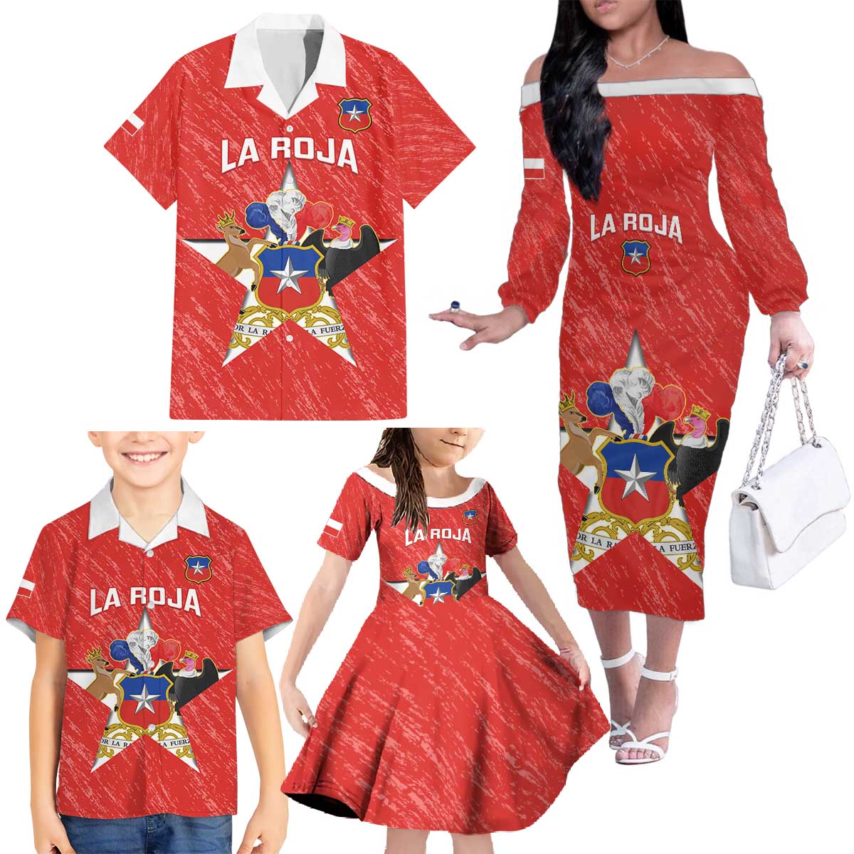 Custom Chile Football Family Matching Off The Shoulder Long Sleeve Dress and Hawaiian Shirt Vamos La Roja