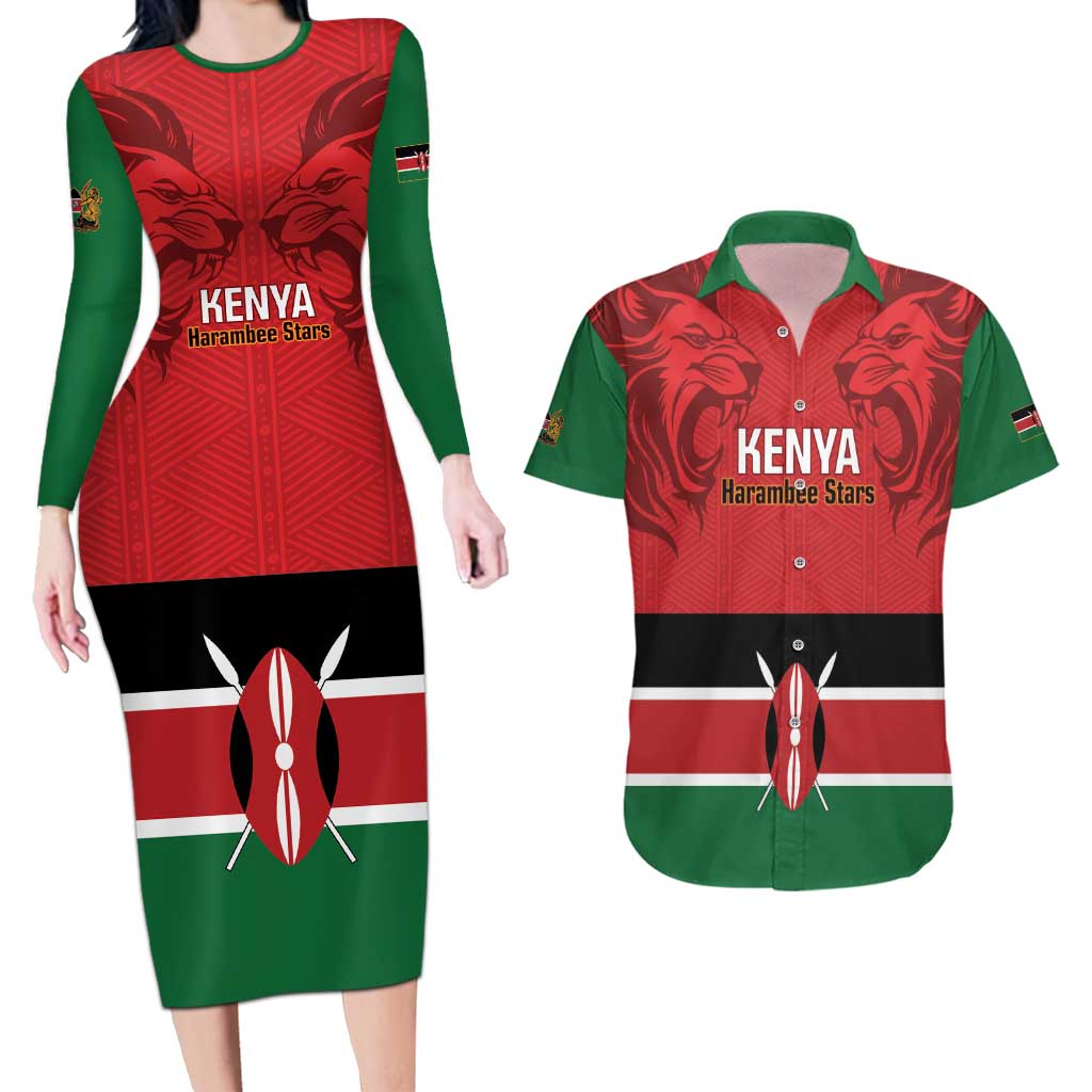 Custom Kenya Football Couples Matching Long Sleeve Bodycon Dress and Hawaiian Shirt Come On Harambee Stars