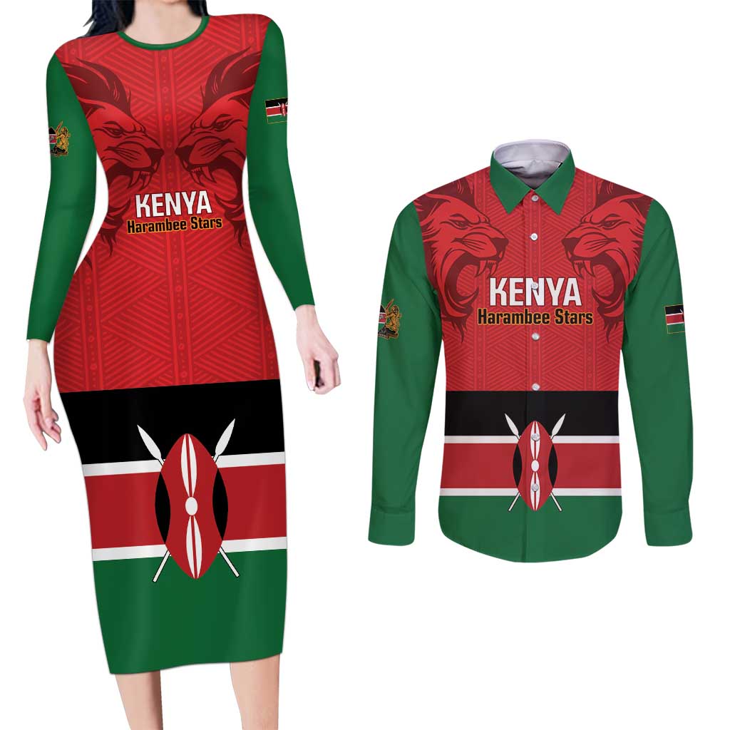 Custom Kenya Football Couples Matching Long Sleeve Bodycon Dress and Long Sleeve Button Shirt Come On Harambee Stars