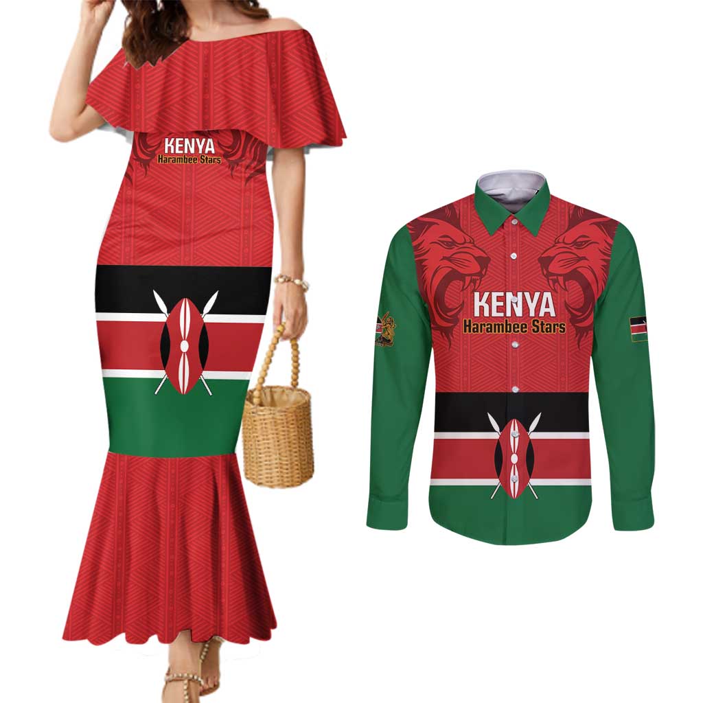 Custom Kenya Football Couples Matching Mermaid Dress and Long Sleeve Button Shirt Come On Harambee Stars
