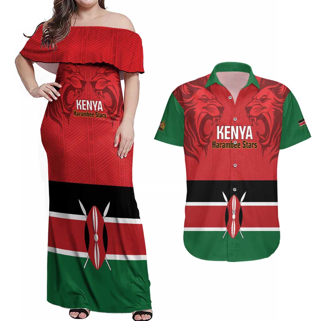 Custom Kenya Football Couples Matching Off Shoulder Maxi Dress and Hawaiian Shirt Come On Harambee Stars
