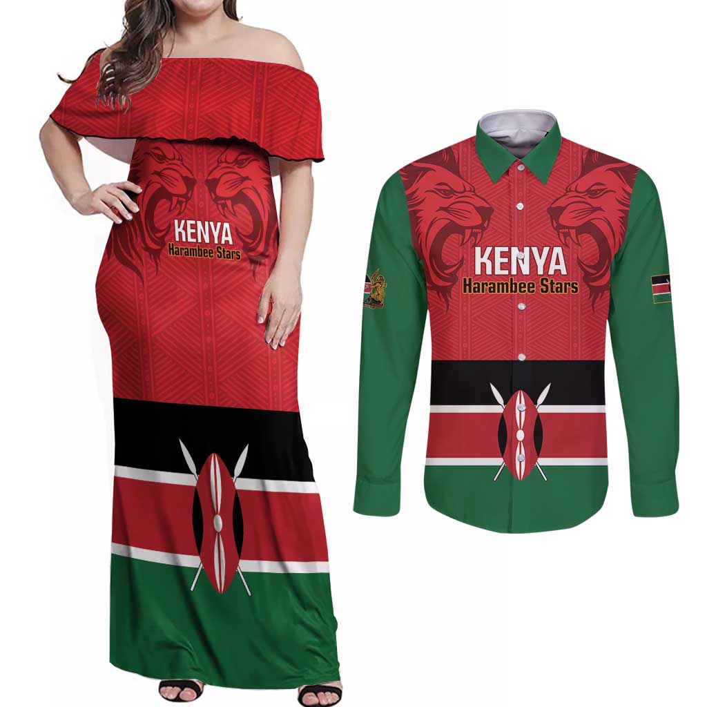 Custom Kenya Football Couples Matching Off Shoulder Maxi Dress and Long Sleeve Button Shirt Come On Harambee Stars