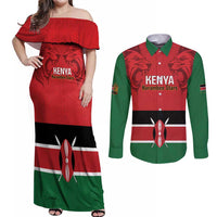 Custom Kenya Football Couples Matching Off Shoulder Maxi Dress and Long Sleeve Button Shirt Come On Harambee Stars