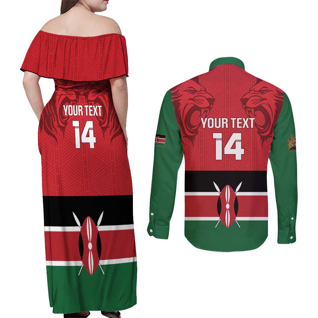 Custom Kenya Football Couples Matching Off Shoulder Maxi Dress and Long Sleeve Button Shirt Come On Harambee Stars