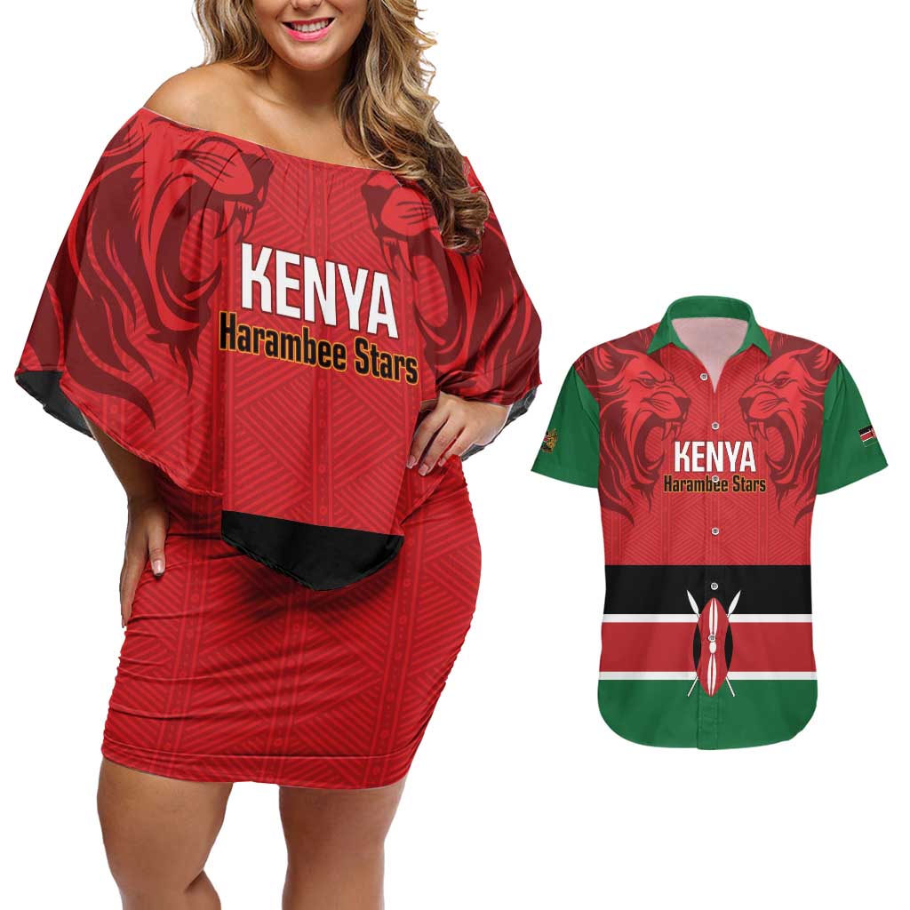 Custom Kenya Football Couples Matching Off Shoulder Short Dress and Hawaiian Shirt Come On Harambee Stars