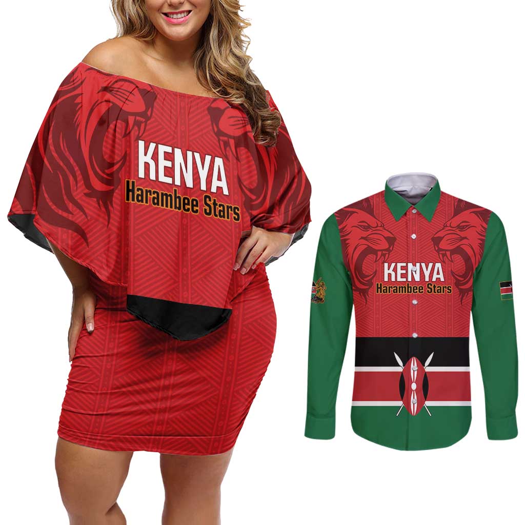 Custom Kenya Football Couples Matching Off Shoulder Short Dress and Long Sleeve Button Shirt Come On Harambee Stars