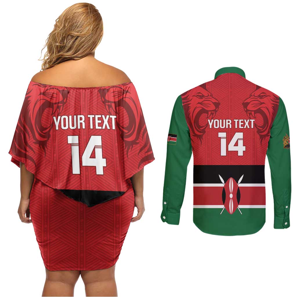 Custom Kenya Football Couples Matching Off Shoulder Short Dress and Long Sleeve Button Shirt Come On Harambee Stars