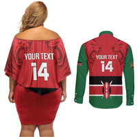 Custom Kenya Football Couples Matching Off Shoulder Short Dress and Long Sleeve Button Shirt Come On Harambee Stars