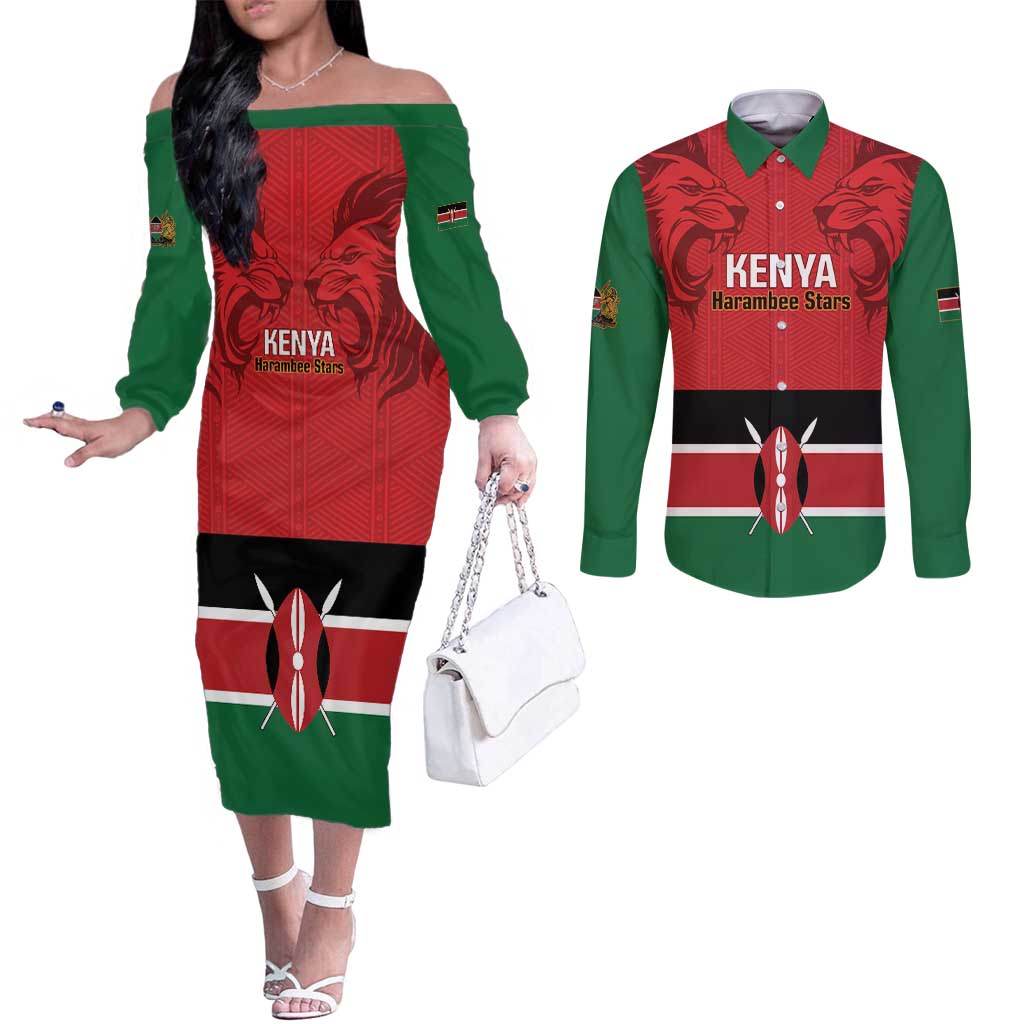 Custom Kenya Football Couples Matching Off The Shoulder Long Sleeve Dress and Long Sleeve Button Shirt Come On Harambee Stars