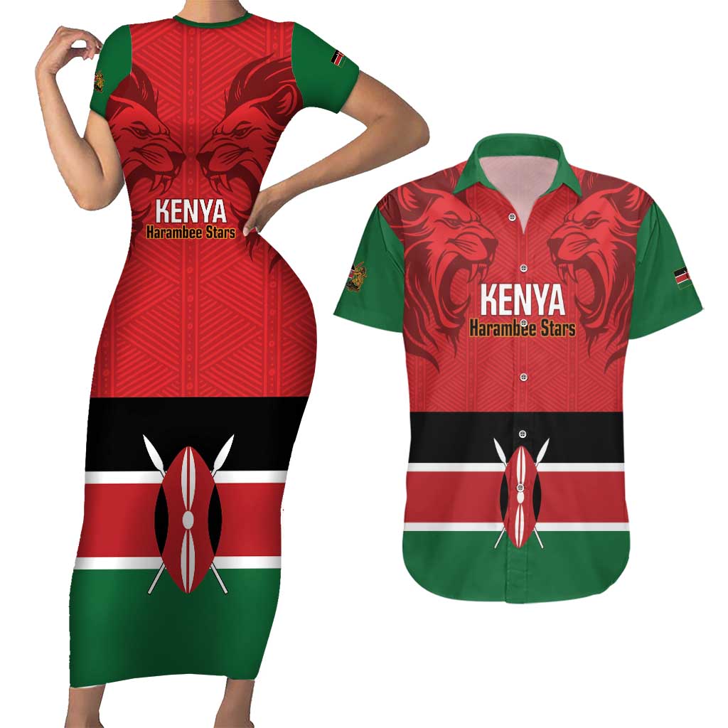 Custom Kenya Football Couples Matching Short Sleeve Bodycon Dress and Hawaiian Shirt Come On Harambee Stars