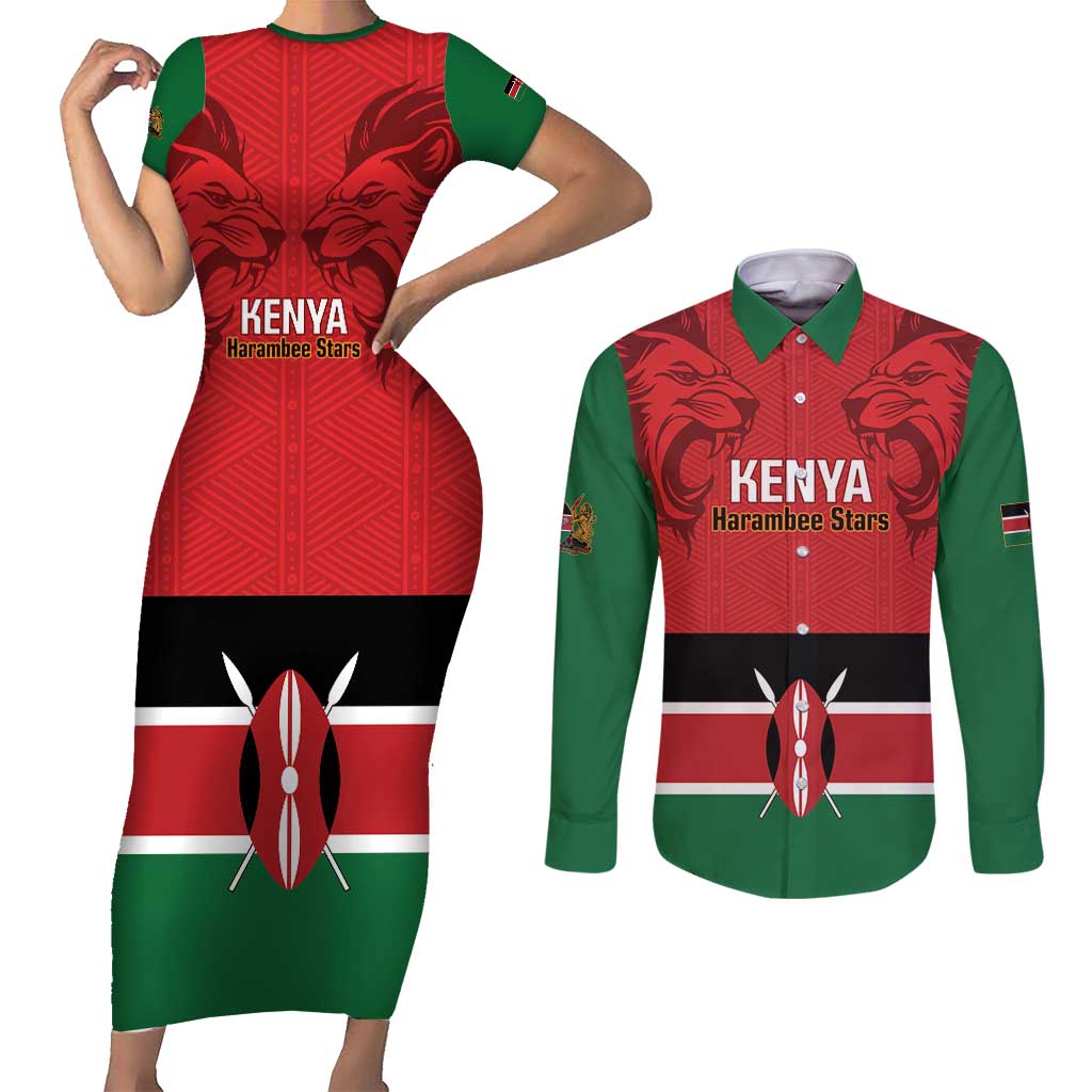 Custom Kenya Football Couples Matching Short Sleeve Bodycon Dress and Long Sleeve Button Shirt Come On Harambee Stars