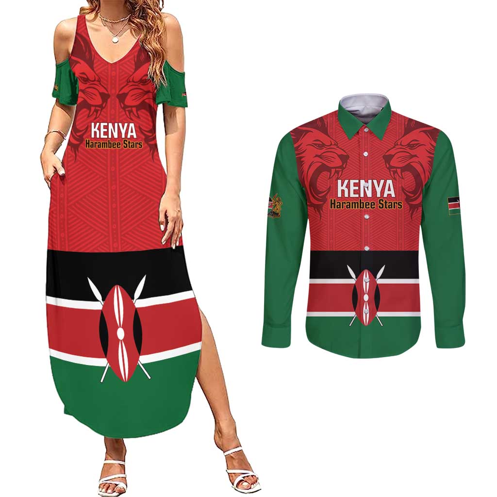 Custom Kenya Football Couples Matching Summer Maxi Dress and Long Sleeve Button Shirt Come On Harambee Stars