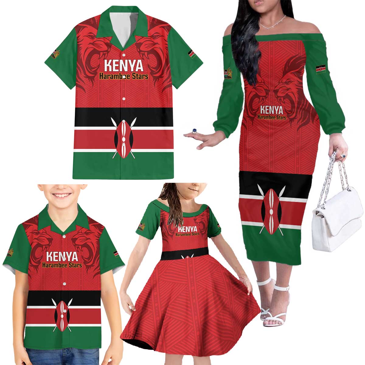Custom Kenya Football Family Matching Off The Shoulder Long Sleeve Dress and Hawaiian Shirt Come On Harambee Stars