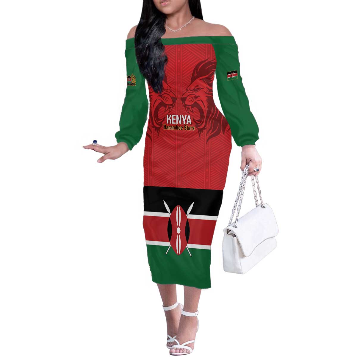 Custom Kenya Football Family Matching Off The Shoulder Long Sleeve Dress and Hawaiian Shirt Come On Harambee Stars
