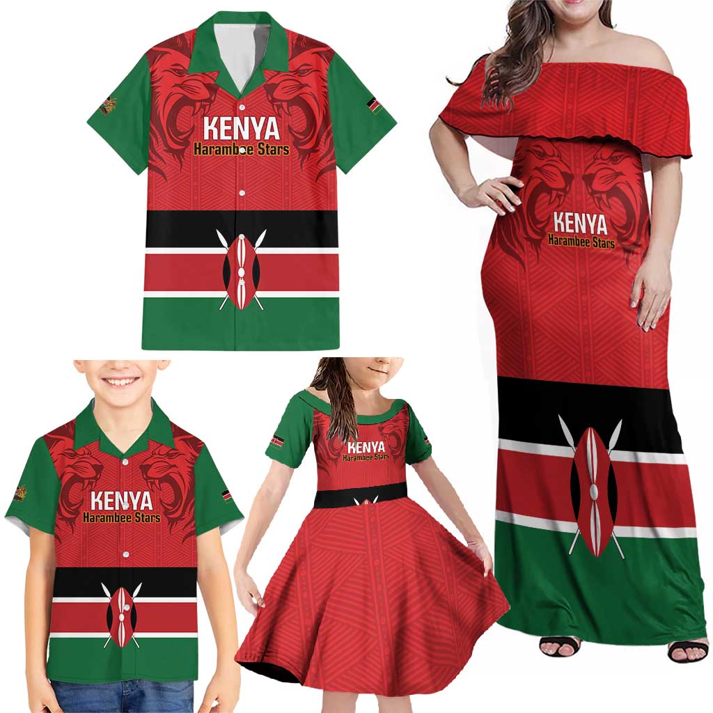 Custom Kenya Football Family Matching Off Shoulder Maxi Dress and Hawaiian Shirt Come On Harambee Stars