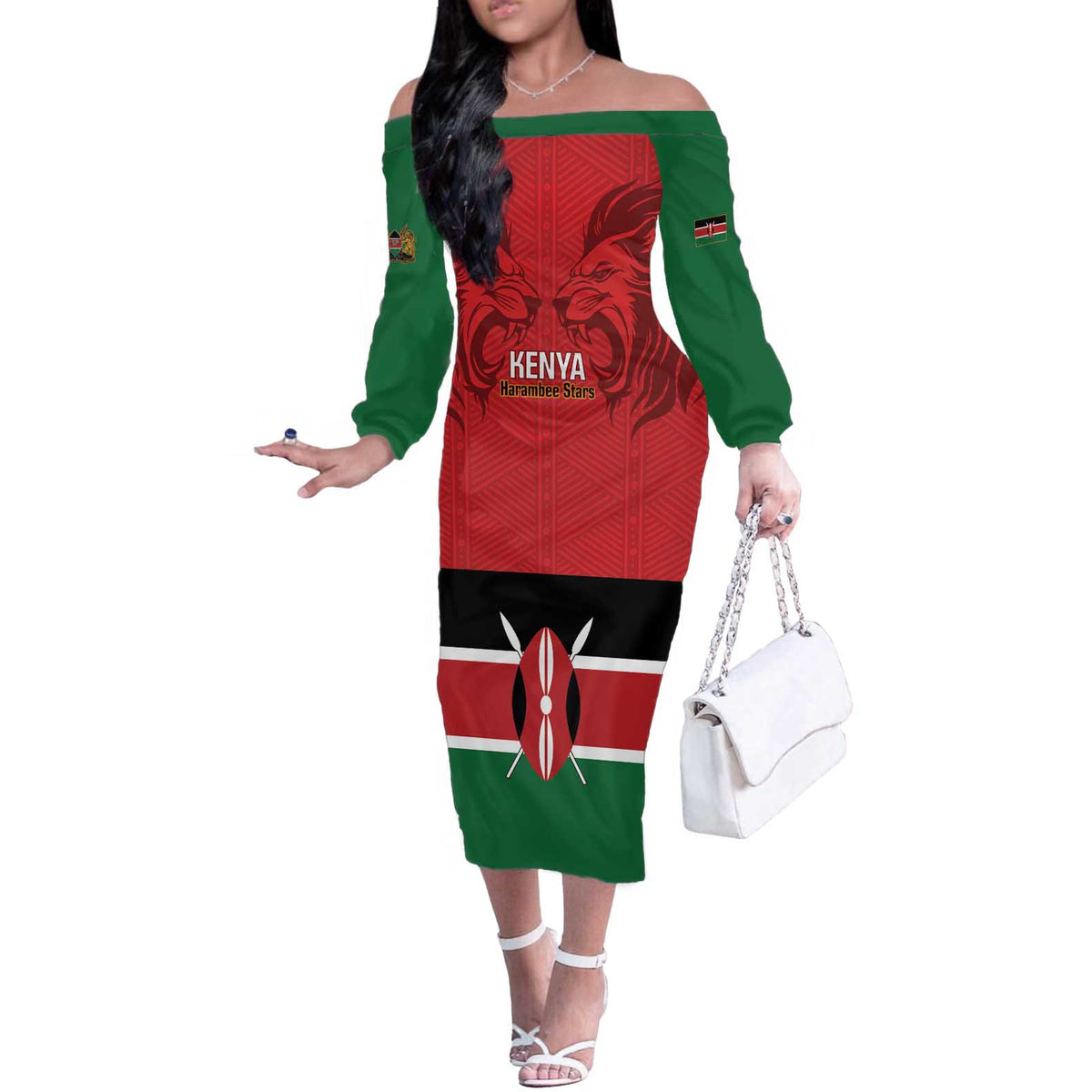 Custom Kenya Football Off The Shoulder Long Sleeve Dress Come On Harambee Stars