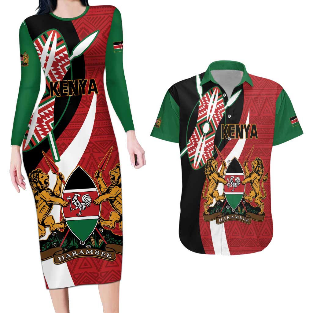 Custom Kenya Football Couples Matching Long Sleeve Bodycon Dress and Hawaiian Shirt Maasai Shield Coat Of Arms Style