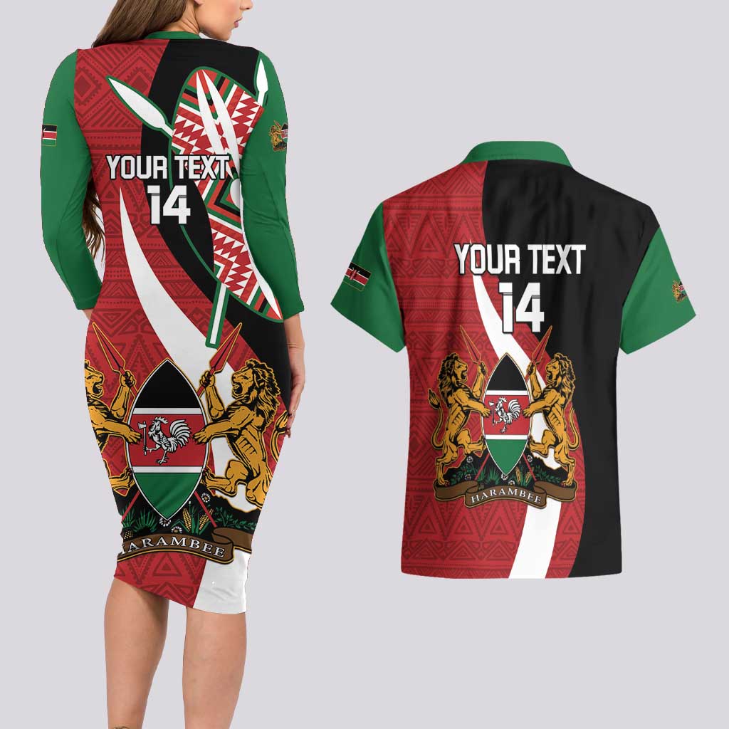 Custom Kenya Football Couples Matching Long Sleeve Bodycon Dress and Hawaiian Shirt Maasai Shield Coat Of Arms Style