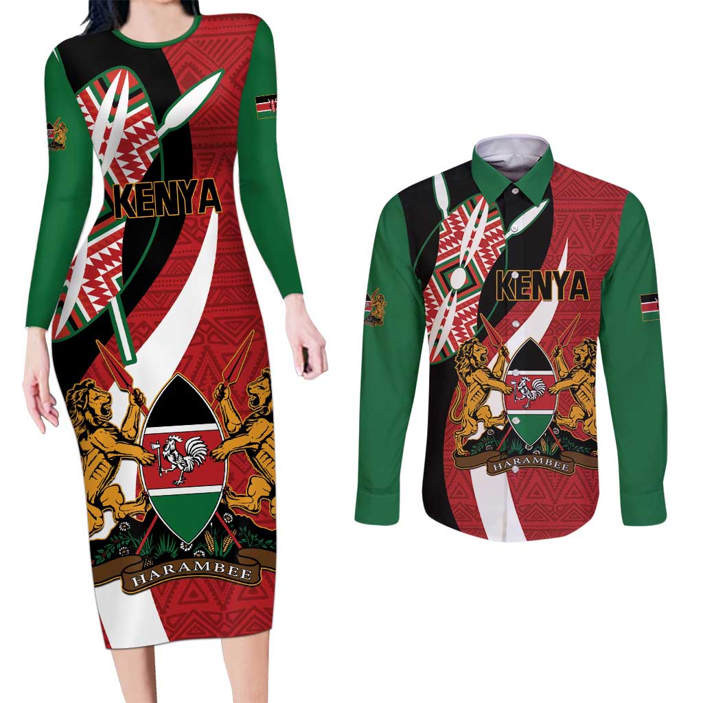 Custom Kenya Football Couples Matching Long Sleeve Bodycon Dress and Long Sleeve Button Shirt Maasai Shield Coat Of Arms Style