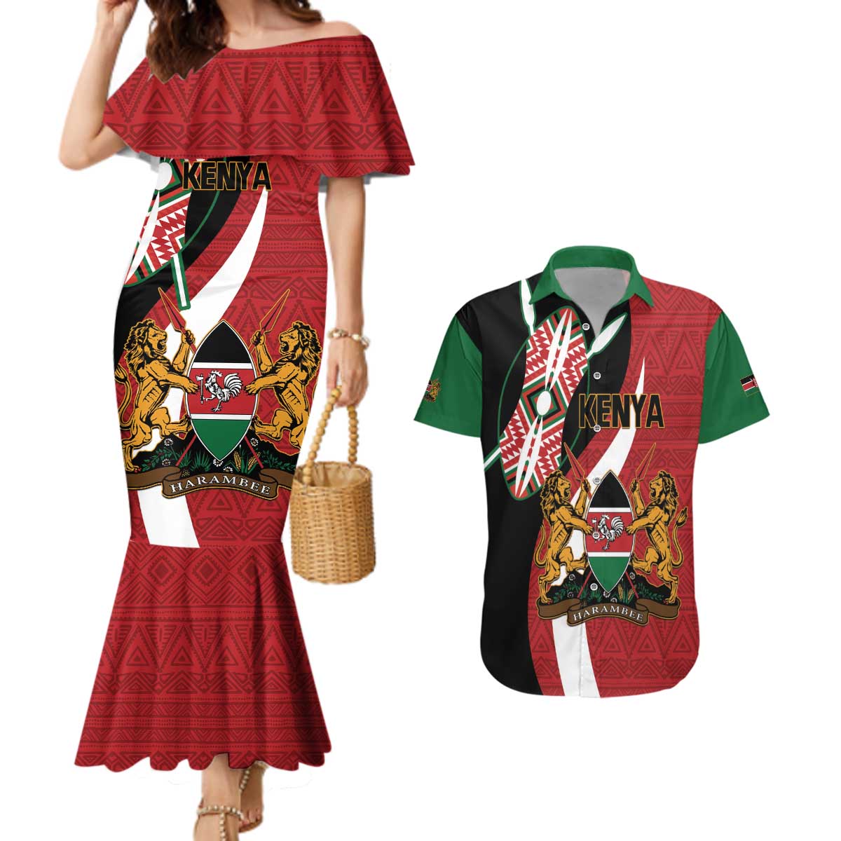 Custom Kenya Football Couples Matching Mermaid Dress and Hawaiian Shirt Maasai Shield Coat Of Arms Style