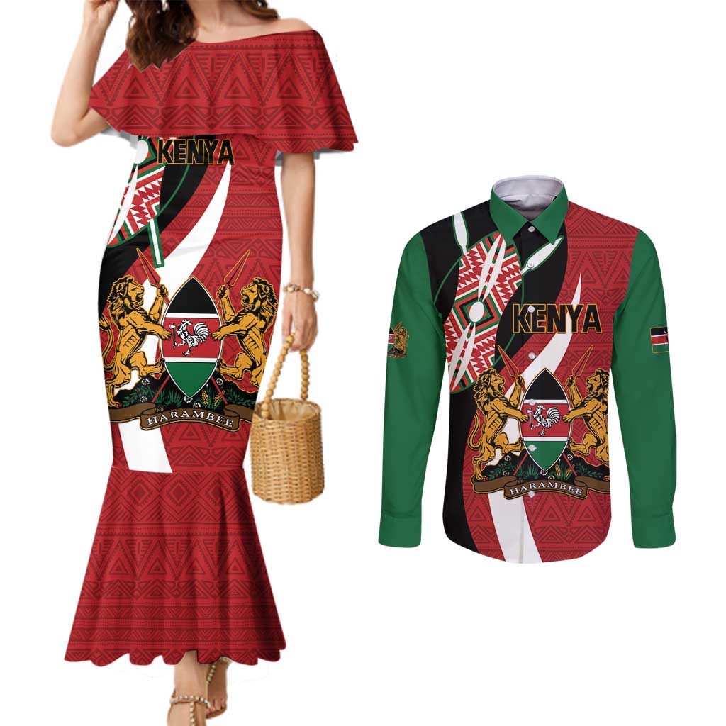 Custom Kenya Football Couples Matching Mermaid Dress and Long Sleeve Button Shirt Maasai Shield Coat Of Arms Style