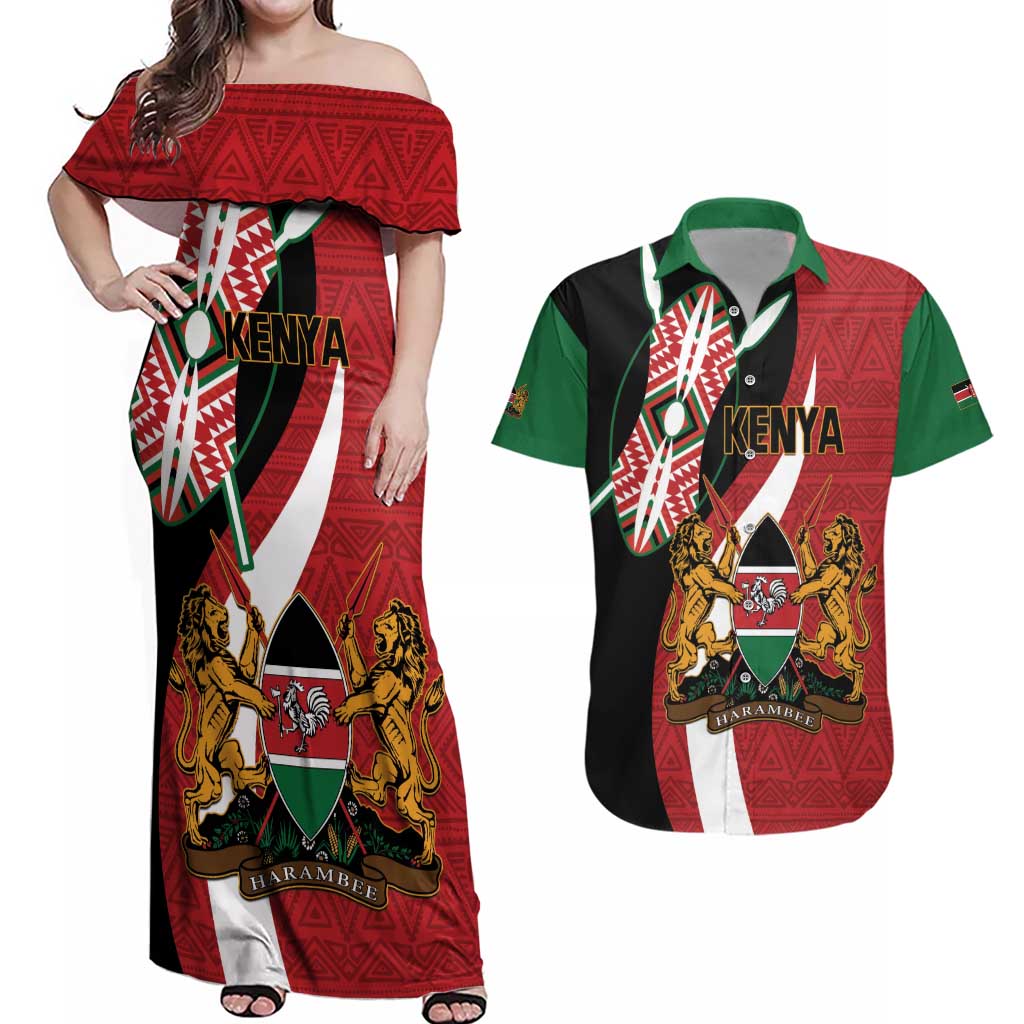 Custom Kenya Football Couples Matching Off Shoulder Maxi Dress and Hawaiian Shirt Maasai Shield Coat Of Arms Style