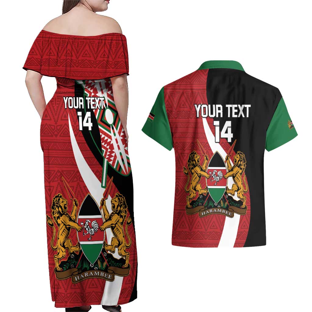 Custom Kenya Football Couples Matching Off Shoulder Maxi Dress and Hawaiian Shirt Maasai Shield Coat Of Arms Style