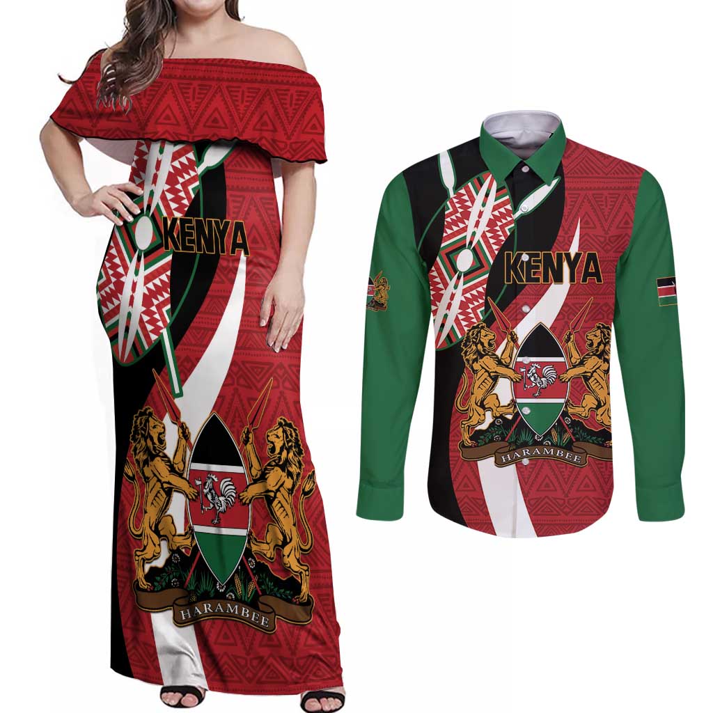 Custom Kenya Football Couples Matching Off Shoulder Maxi Dress and Long Sleeve Button Shirt Maasai Shield Coat Of Arms Style
