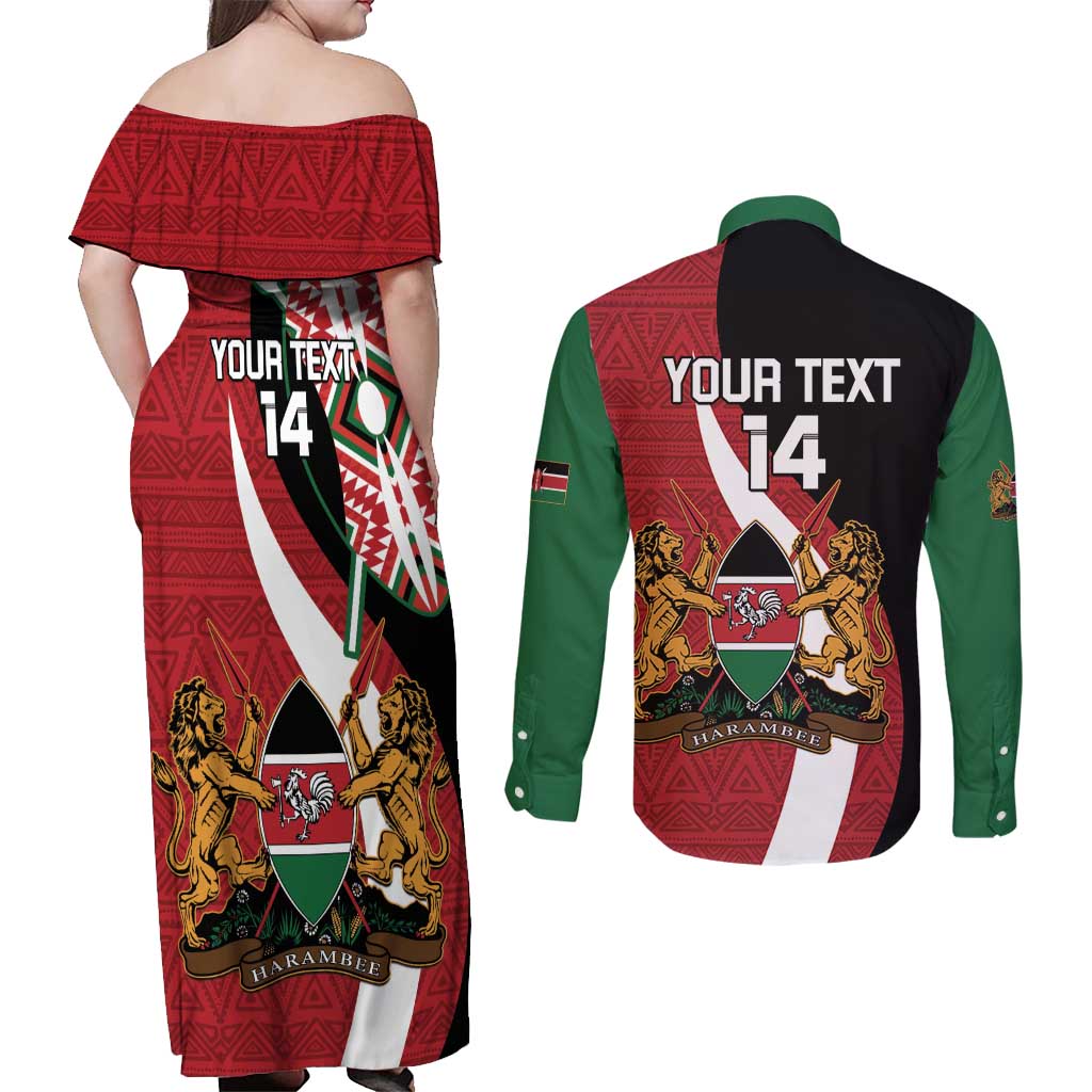 Custom Kenya Football Couples Matching Off Shoulder Maxi Dress and Long Sleeve Button Shirt Maasai Shield Coat Of Arms Style