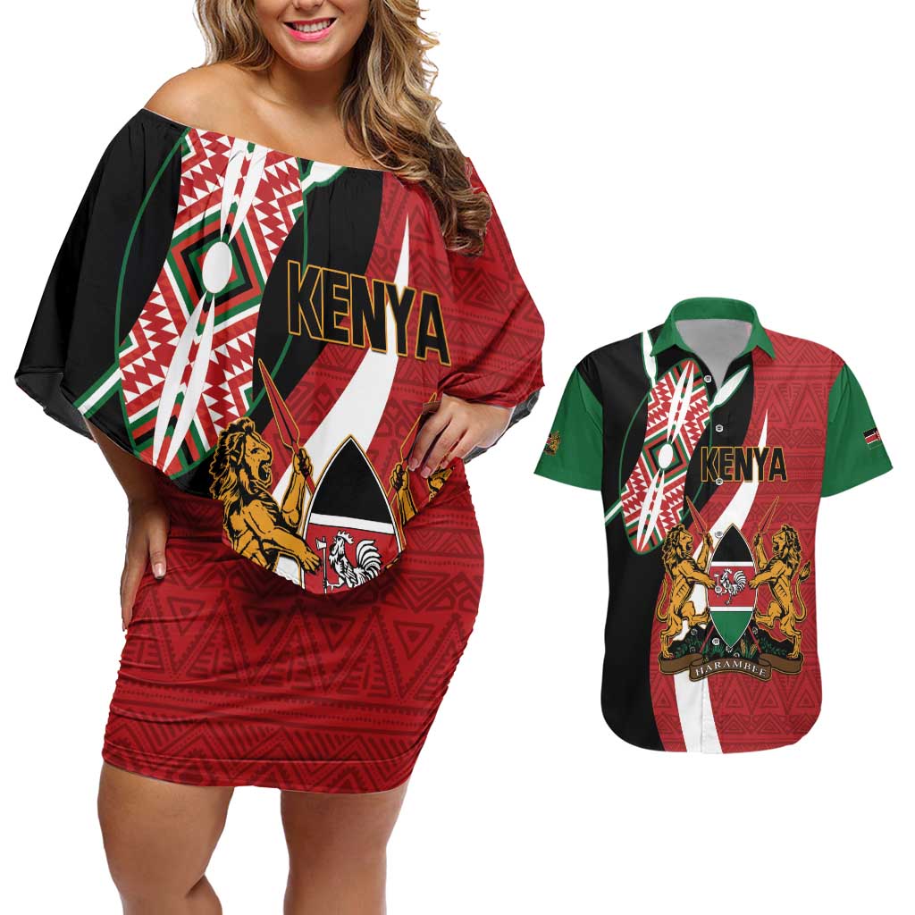 Custom Kenya Football Couples Matching Off Shoulder Short Dress and Hawaiian Shirt Maasai Shield Coat Of Arms Style