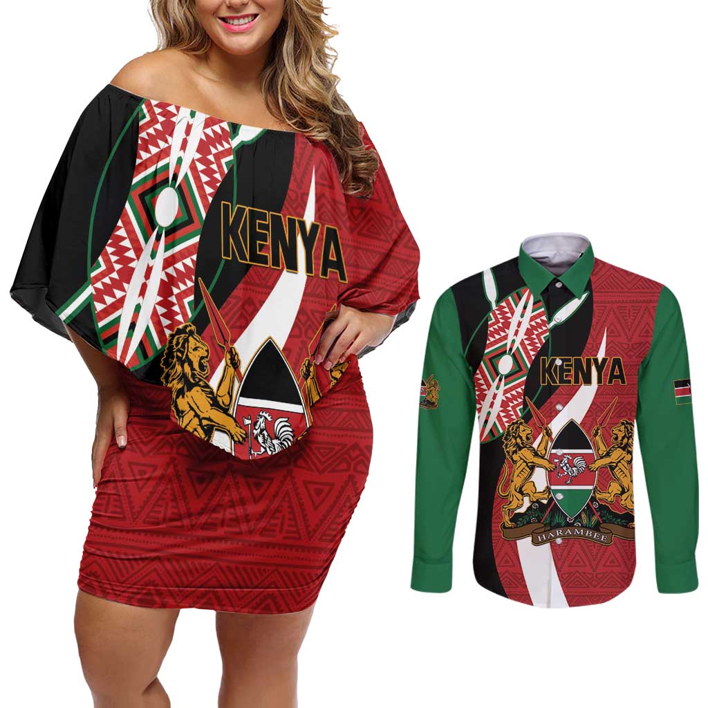 Custom Kenya Football Couples Matching Off Shoulder Short Dress and Long Sleeve Button Shirt Maasai Shield Coat Of Arms Style