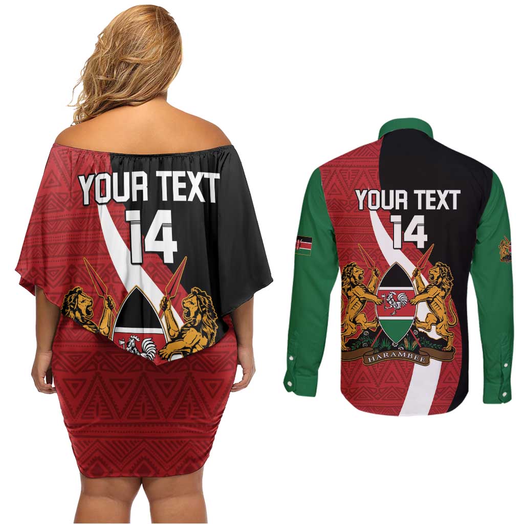 Custom Kenya Football Couples Matching Off Shoulder Short Dress and Long Sleeve Button Shirt Maasai Shield Coat Of Arms Style