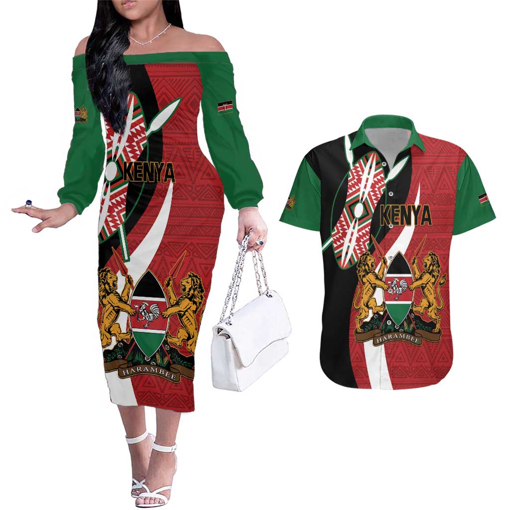 Custom Kenya Football Couples Matching Off The Shoulder Long Sleeve Dress and Hawaiian Shirt Maasai Shield Coat Of Arms Style