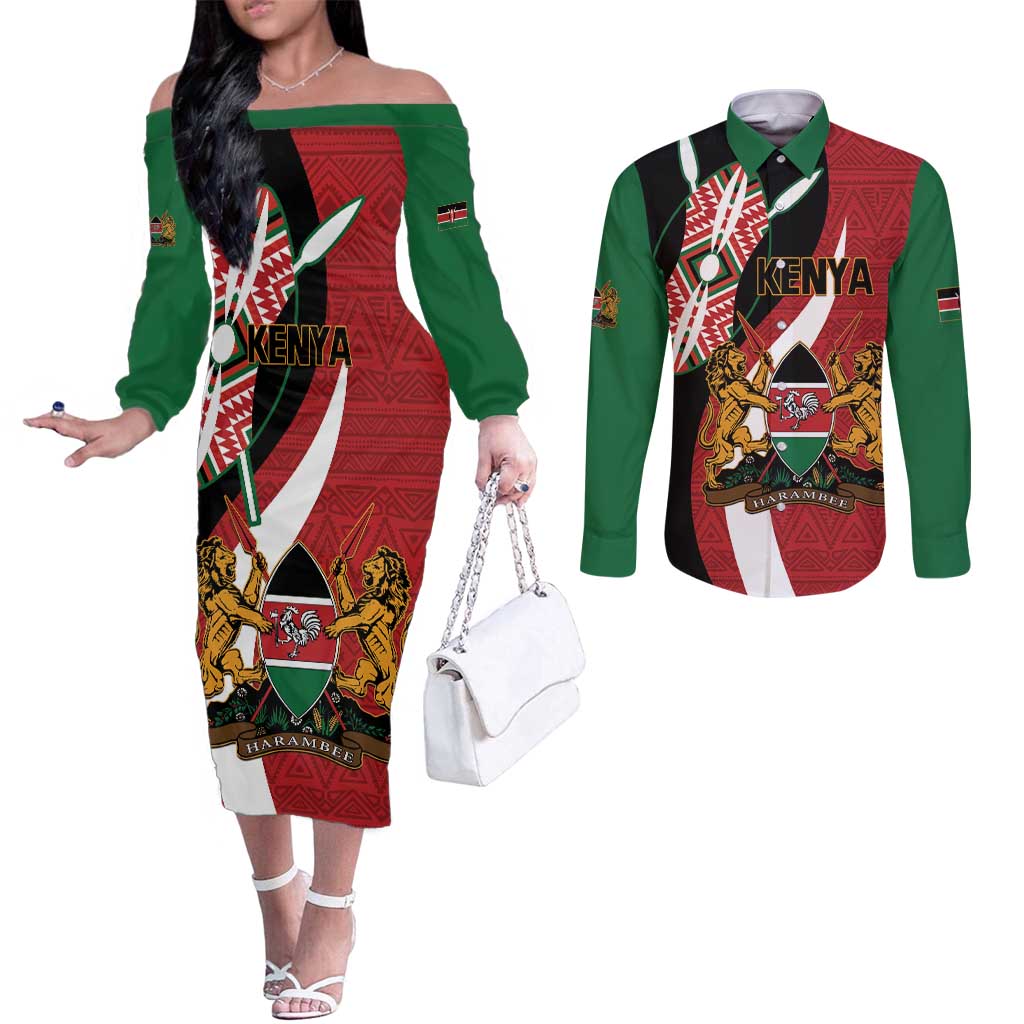 Custom Kenya Football Couples Matching Off The Shoulder Long Sleeve Dress and Long Sleeve Button Shirt Maasai Shield Coat Of Arms Style