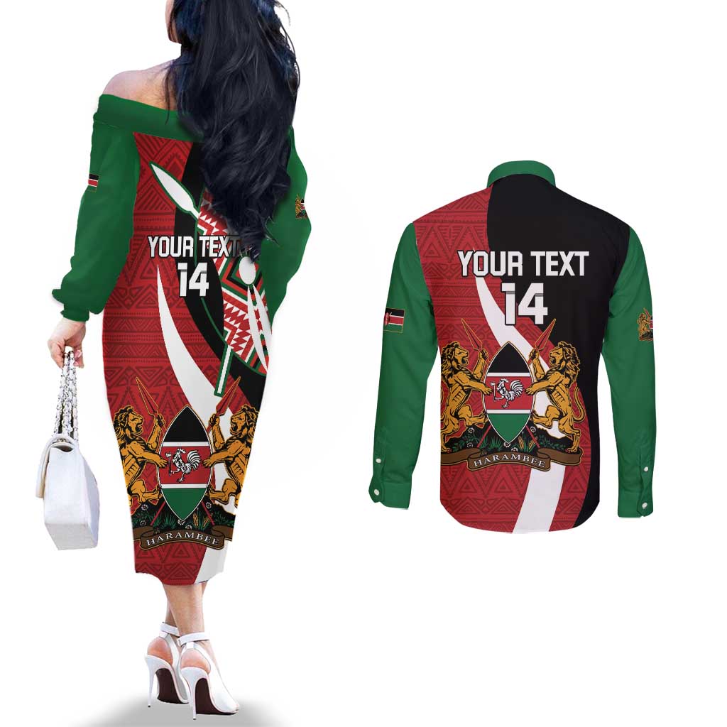 Custom Kenya Football Couples Matching Off The Shoulder Long Sleeve Dress and Long Sleeve Button Shirt Maasai Shield Coat Of Arms Style