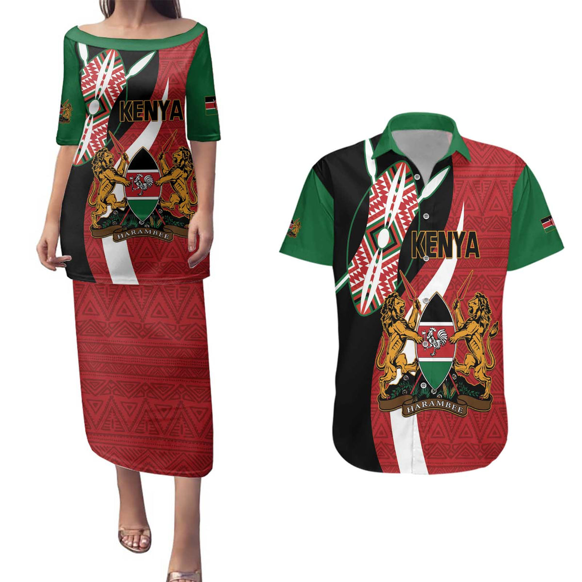 Custom Kenya Football Couples Matching Puletasi and Hawaiian Shirt Maasai Shield Coat Of Arms Style