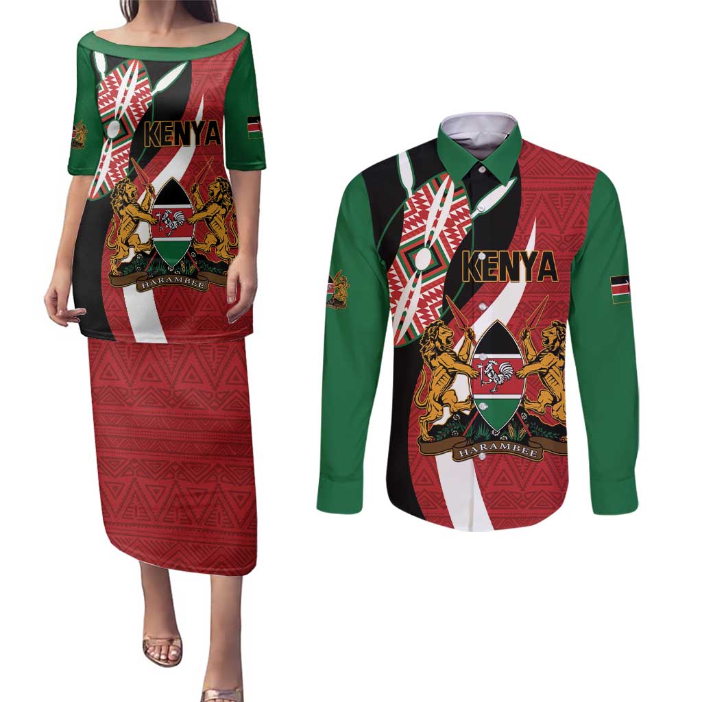 Custom Kenya Football Couples Matching Puletasi and Long Sleeve Button Shirt Maasai Shield Coat Of Arms Style