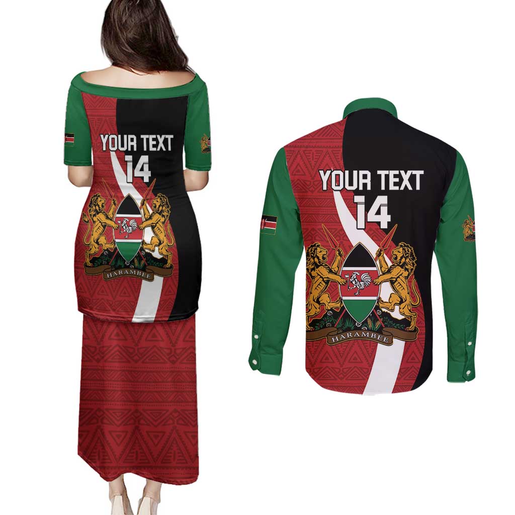Custom Kenya Football Couples Matching Puletasi and Long Sleeve Button Shirt Maasai Shield Coat Of Arms Style