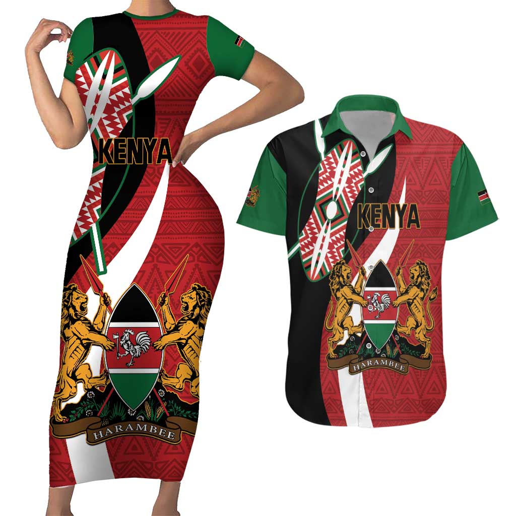 Custom Kenya Football Couples Matching Short Sleeve Bodycon Dress and Hawaiian Shirt Maasai Shield Coat Of Arms Style