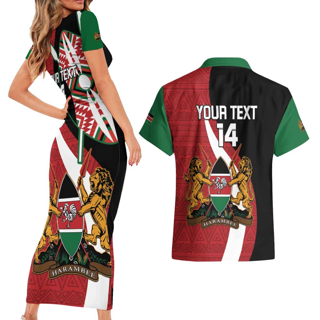 Custom Kenya Football Couples Matching Short Sleeve Bodycon Dress and Hawaiian Shirt Maasai Shield Coat Of Arms Style