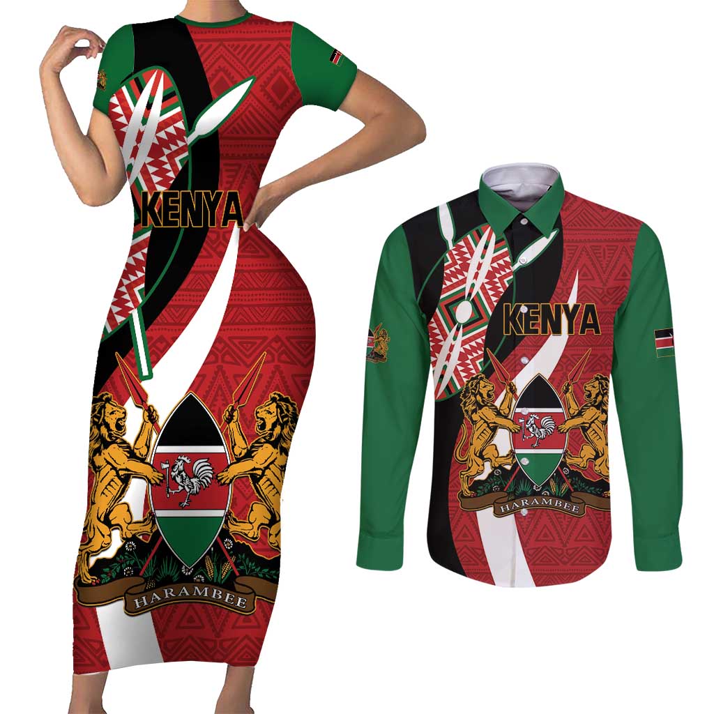 Custom Kenya Football Couples Matching Short Sleeve Bodycon Dress and Long Sleeve Button Shirt Maasai Shield Coat Of Arms Style