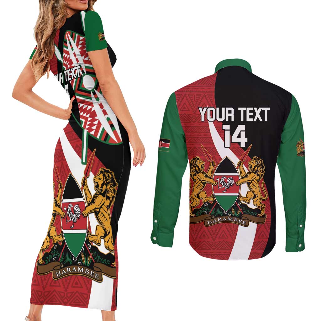 Custom Kenya Football Couples Matching Short Sleeve Bodycon Dress and Long Sleeve Button Shirt Maasai Shield Coat Of Arms Style