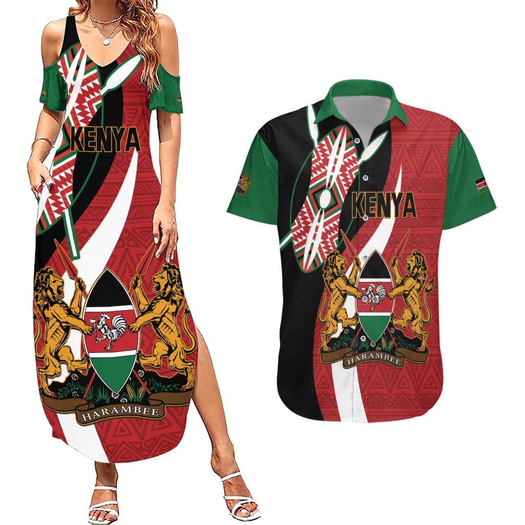 Custom Kenya Football Couples Matching Summer Maxi Dress and Hawaiian Shirt Maasai Shield Coat Of Arms Style