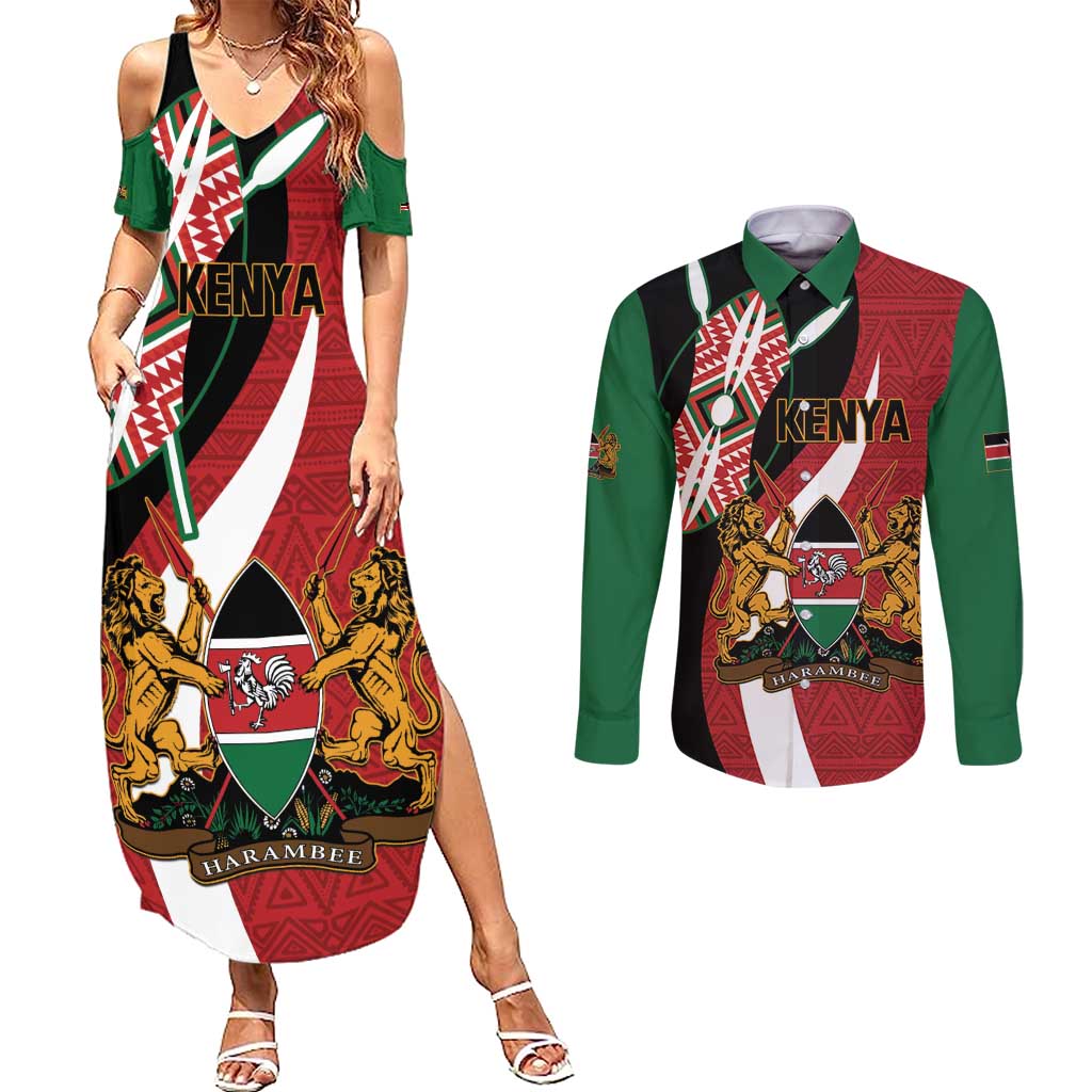Custom Kenya Football Couples Matching Summer Maxi Dress and Long Sleeve Button Shirt Maasai Shield Coat Of Arms Style