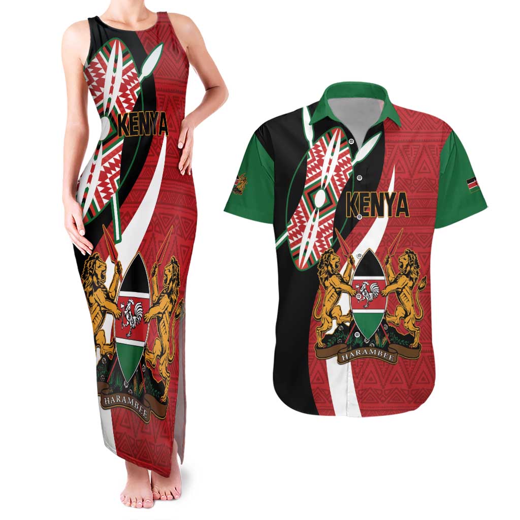 Custom Kenya Football Couples Matching Tank Maxi Dress and Hawaiian Shirt Maasai Shield Coat Of Arms Style