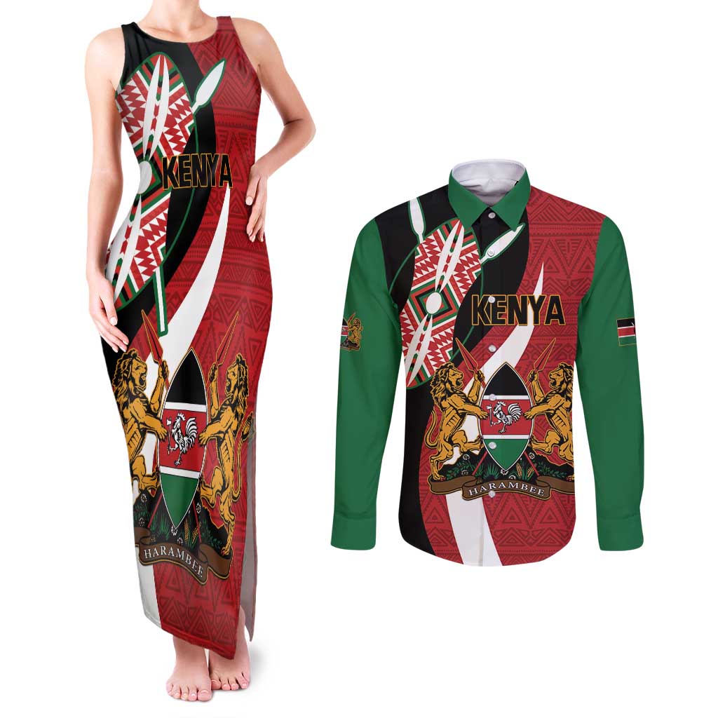 Custom Kenya Football Couples Matching Tank Maxi Dress and Long Sleeve Button Shirt Maasai Shield Coat Of Arms Style