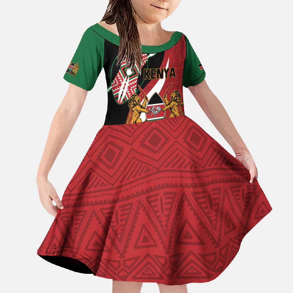 Custom Kenya Football Family Matching Long Sleeve Bodycon Dress and Hawaiian Shirt Maasai Shield Coat Of Arms Style