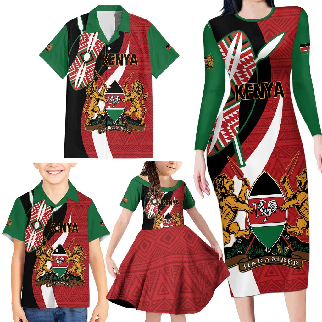 Custom Kenya Football Family Matching Long Sleeve Bodycon Dress and Hawaiian Shirt Maasai Shield Coat Of Arms Style