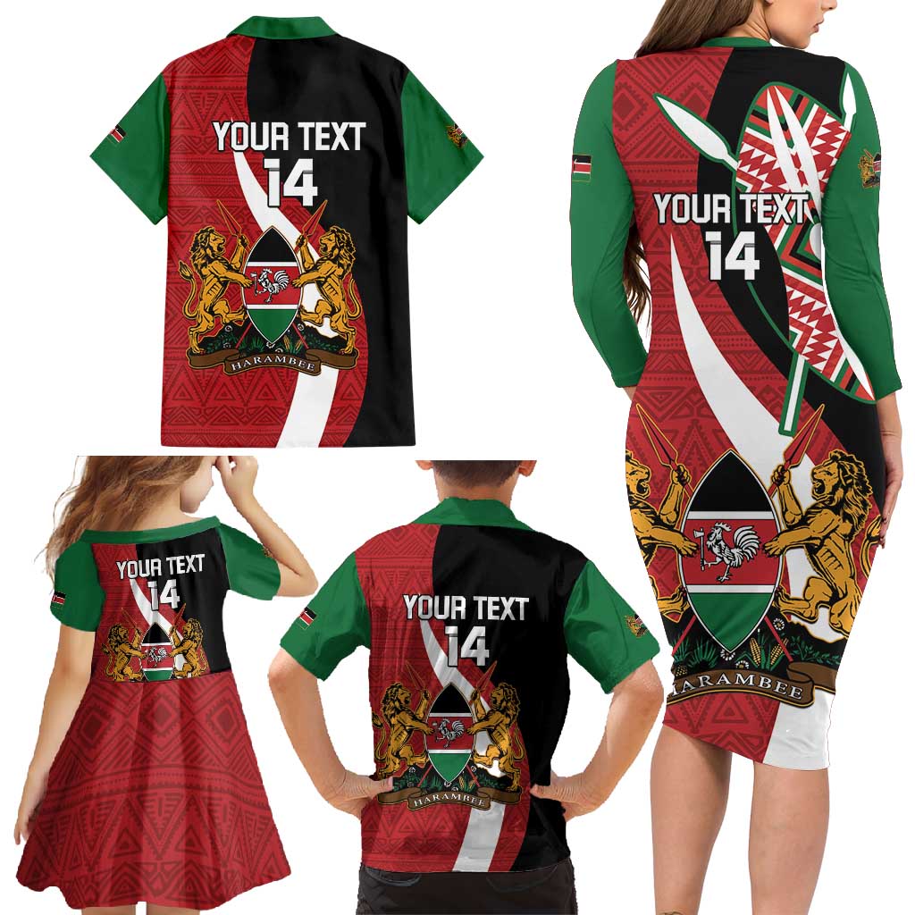 Custom Kenya Football Family Matching Long Sleeve Bodycon Dress and Hawaiian Shirt Maasai Shield Coat Of Arms Style