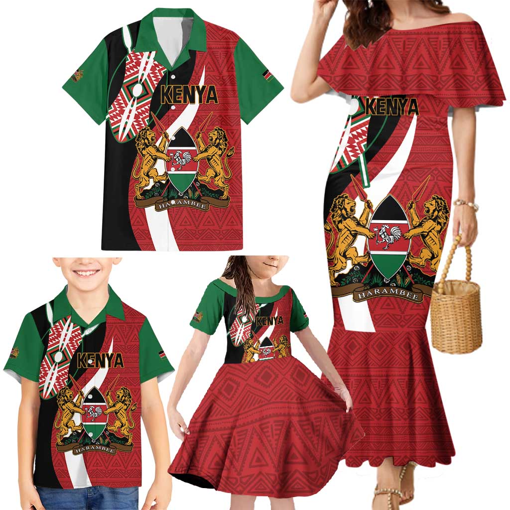 Custom Kenya Football Family Matching Mermaid Dress and Hawaiian Shirt Maasai Shield Coat Of Arms Style